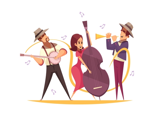 Cartoon jazz band performing on stage with musical instruments vector illustration