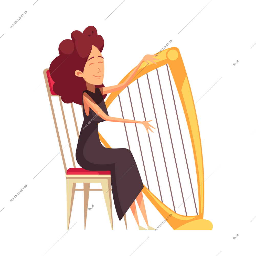 Female opera theatre orchestra musician playing harp cartoon vector illustration