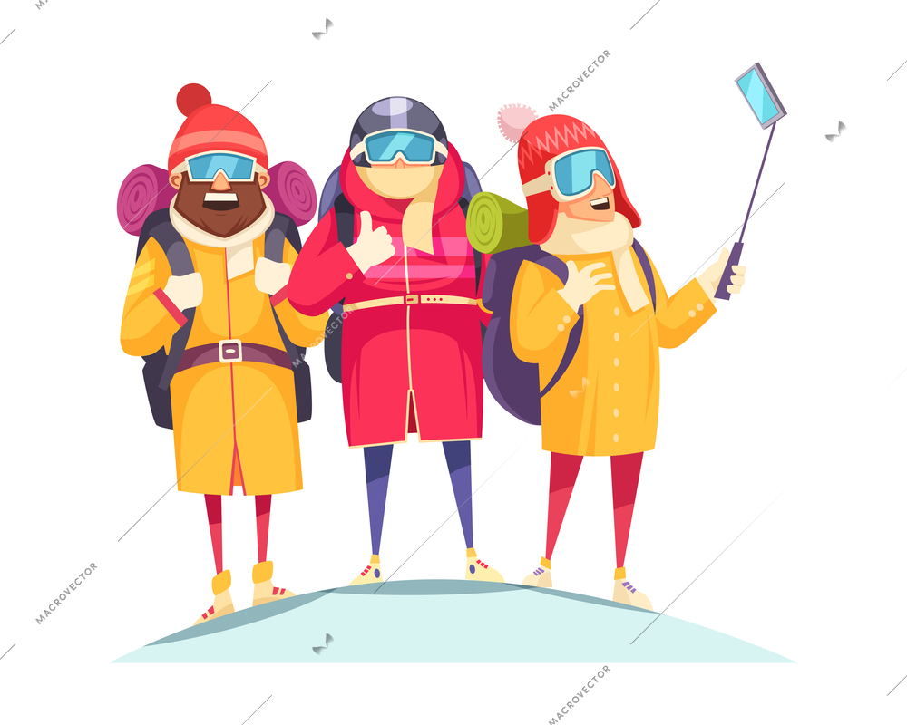 Mountaineering cartoon composition with four happy mount climbers taking selfie on top vector illustration