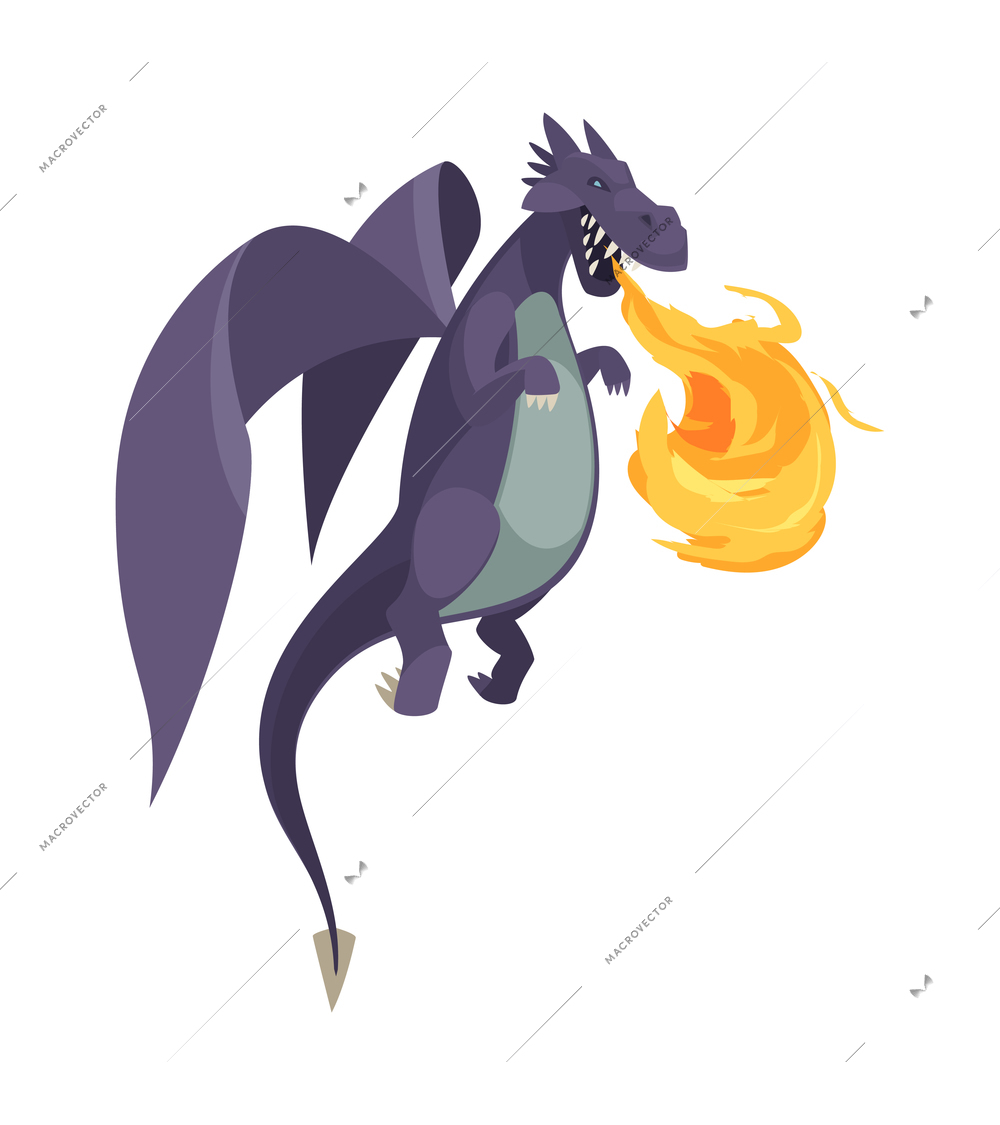 Funny purple fire breathing dragon cartoon vector illustration