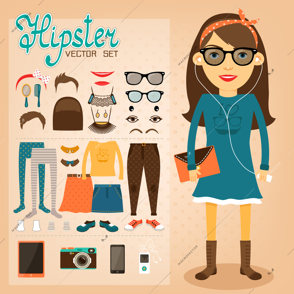 Hipster character pack for geek girl with accessory clothing and facial elements vector illustration