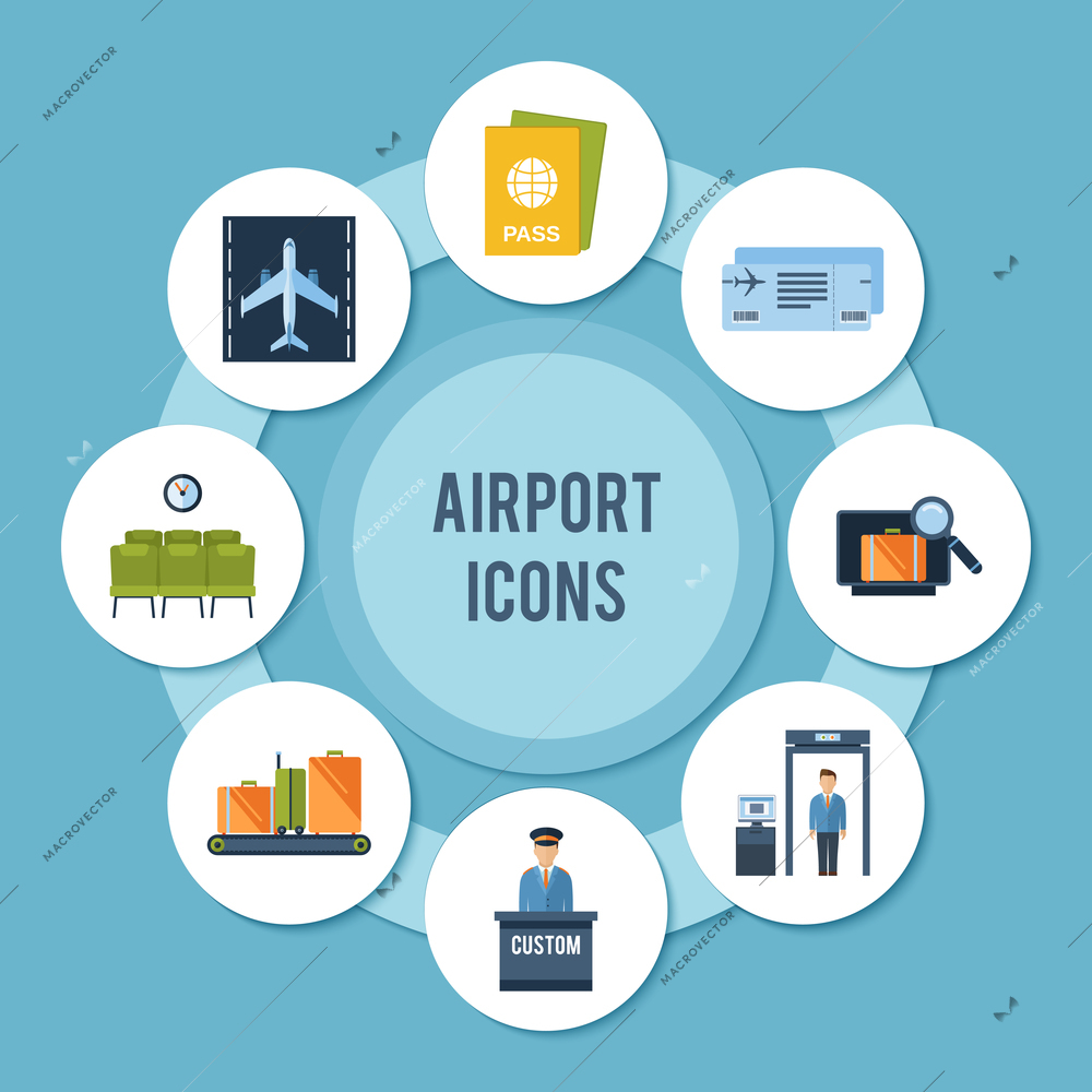 Airport icons decorative paper set with security check passport control tickets vector illustration