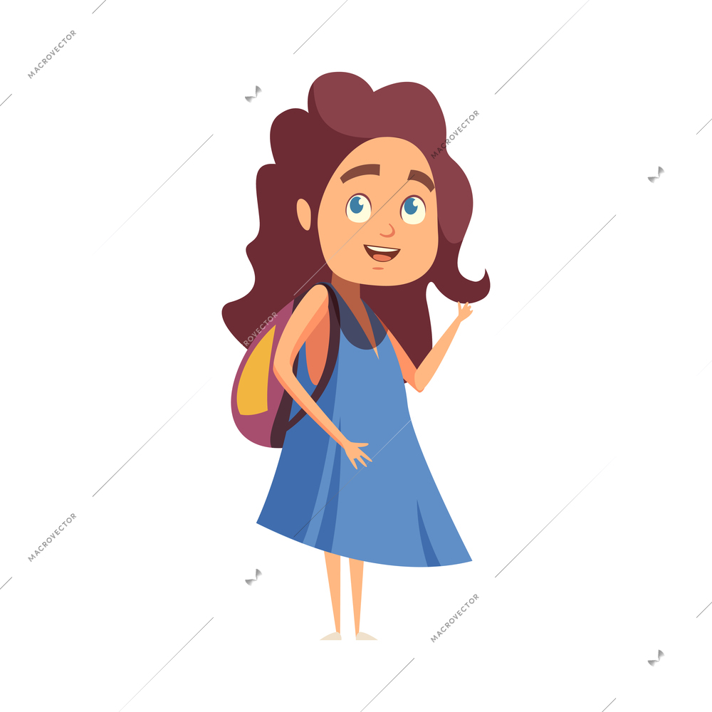 Primary school girl in blue dress with bag cartoon vector illustration