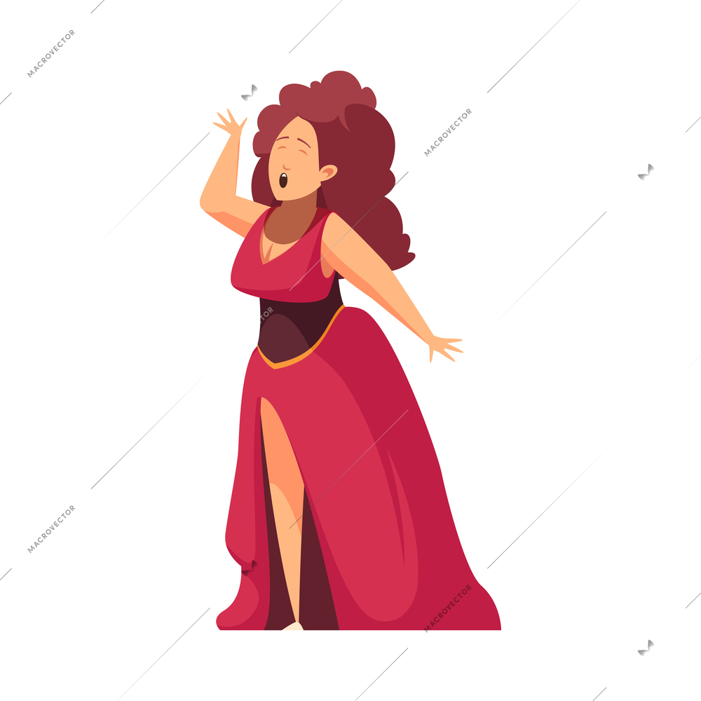 Female opera singer in gown on white background cartoon vector illustration