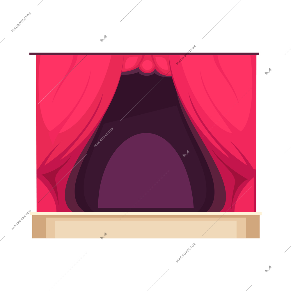 Cartoon empty theatre stage with red curtains flat vector illustration