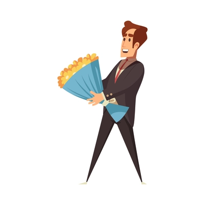 Cartoon opera singer with bunch of flowers vector illustration