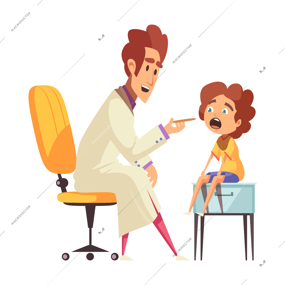 Happy male pediatrician examining child throat cartoon vector illustration