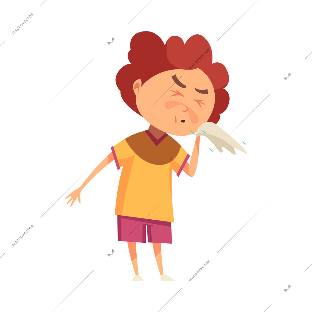 Cartoon sick little boy sneezing vector illustration