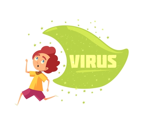 Kids vaccination cartoon concept with little boy running from virus vector illustration