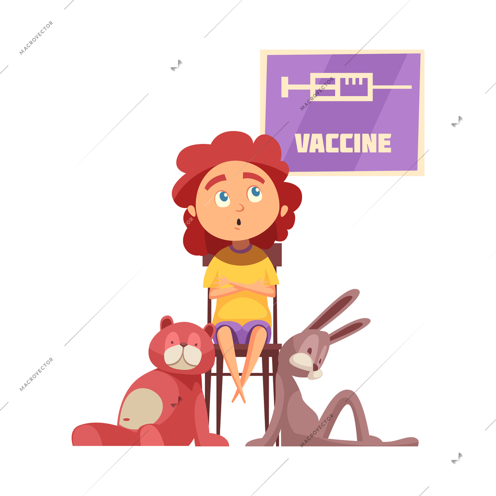 Worried kid with toys before vaccination flat vector illustration