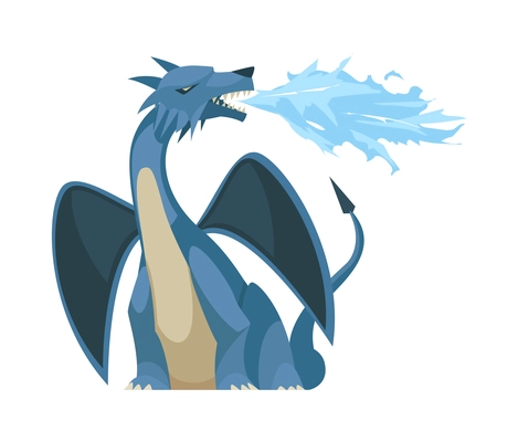 Cartoon blue fire breathing dragon vector illustration