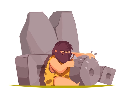 Cartoon caveman working with stone axe vector illustration