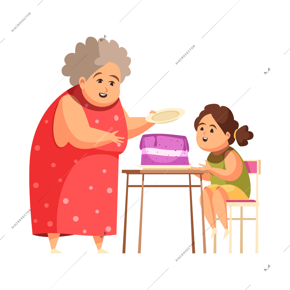 Flat gluttony obsessive eating concept with overweight grandma and girl eating cake vector illustration