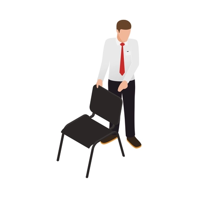 Isometric male character of car dealer offering chair to client 3d vector illustration