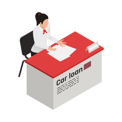 Car dealership loan isometric icon with female worker 3d vector illustration