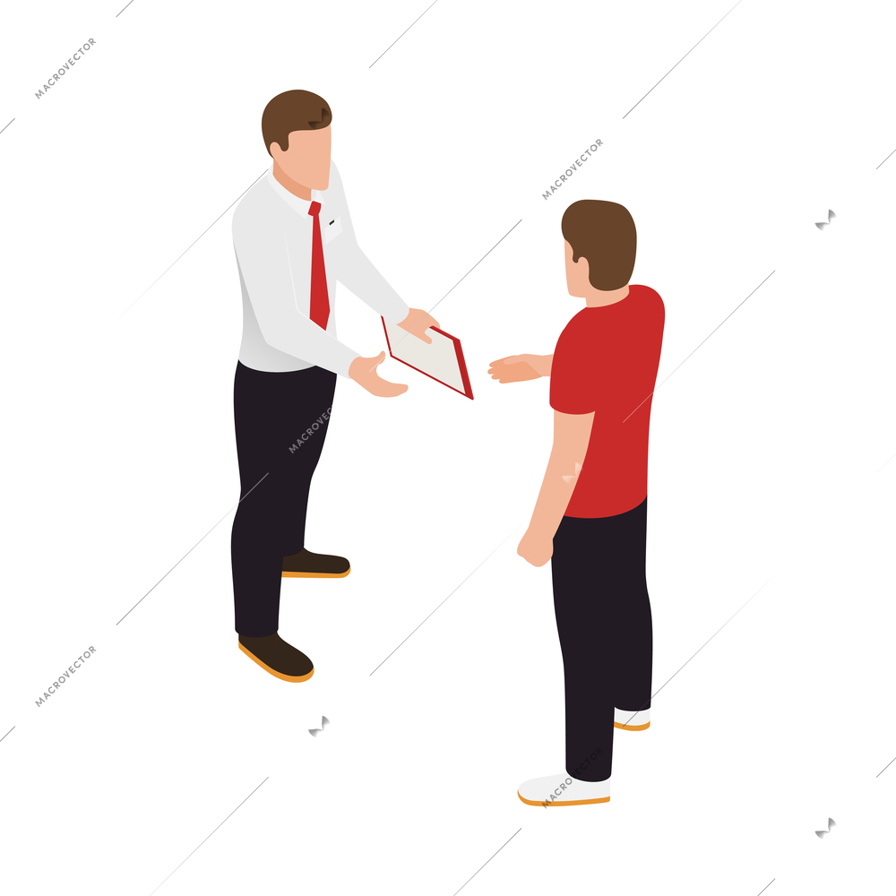 Isometric characters of car dealer and customer 3d vector illustration