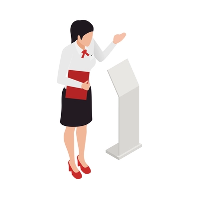 Isometric female human character of promoter 3d vector illustration