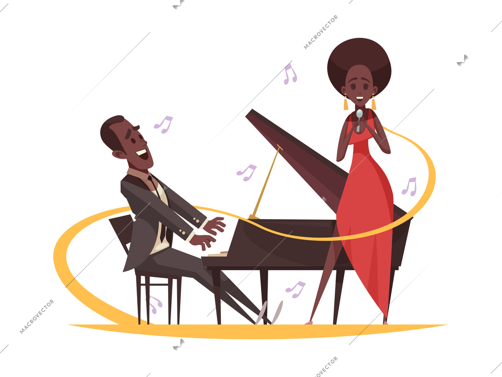 Jazz musicians playing piano and singing on stage cartoon vector illustration