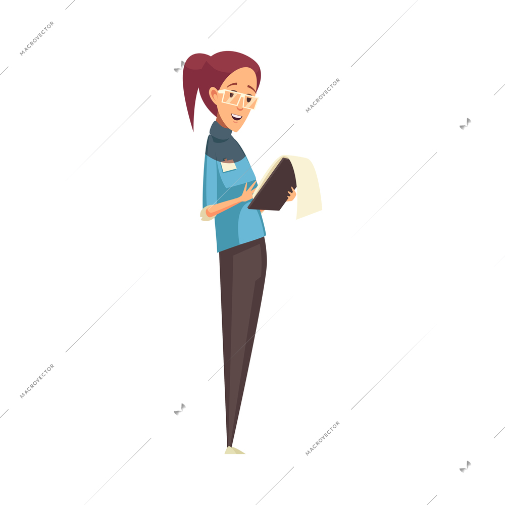 Female school teacher wearing glasses with notepad cartoon vector illustration