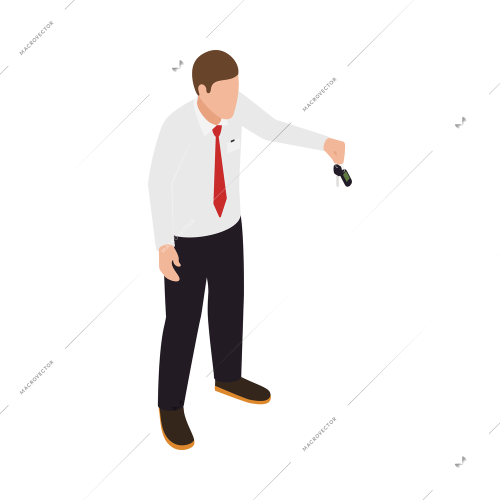 Isometric character of car dealer holding automobile keys 3d vector illustration