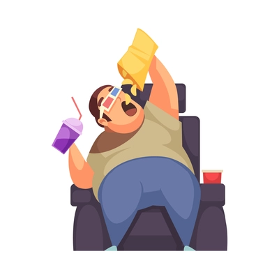 Gluttony flat concept with man eating chips and drinking coke in cinema vector illustration