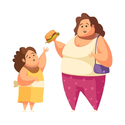 Gluttony flat concept with overweight daughter asking mum to give her burger vector illustration