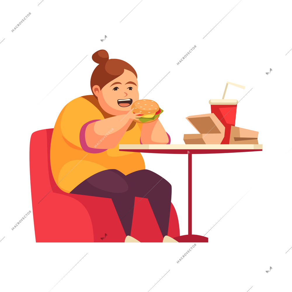 Gluttony flat concept with overweight woman eating junk food at cafe vector illustration