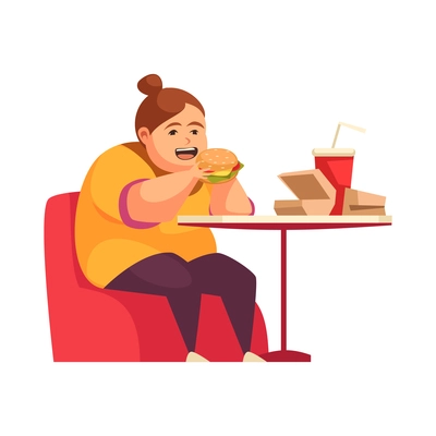 Gluttony flat concept with overweight woman eating junk food at cafe vector illustration