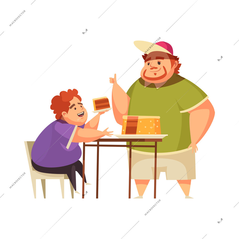 Gluttony obsessive eating flat concept with obese man and boy eating cake vector illustration