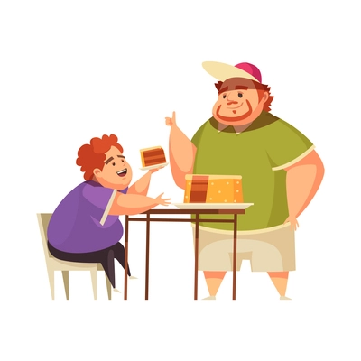 Gluttony obsessive eating flat concept with obese man and boy eating cake vector illustration