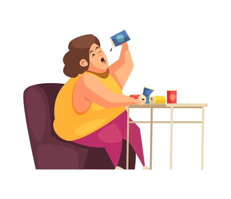 Gluttony flat concept with obese woman drinking fizzy drinks vector illustration