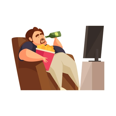 Flat gluttony concept with lazy obese man eating junk food and drinking beer in front of tv vector illustration