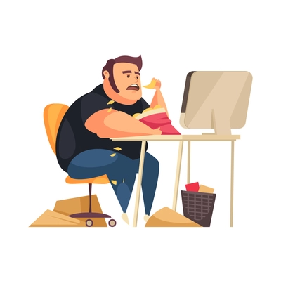 Gluttony flat concept with lazy overweight man eating chips in front of computer vector illustration