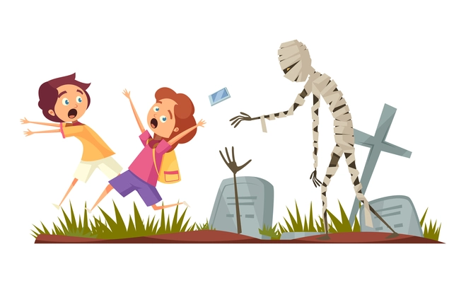 Childhood fears concept with cartoon mummy chasing scared kids on cemetery vector illustration