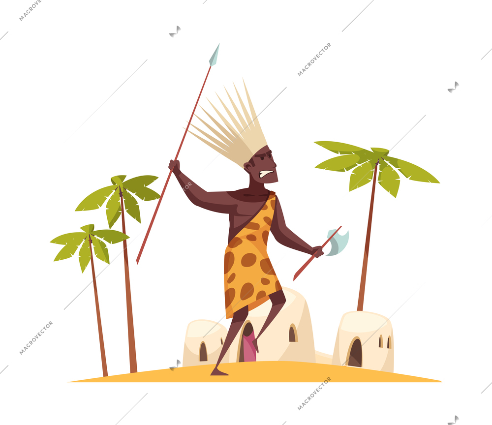 Angry african warrior with spear and axe cartoon flat vector illustration