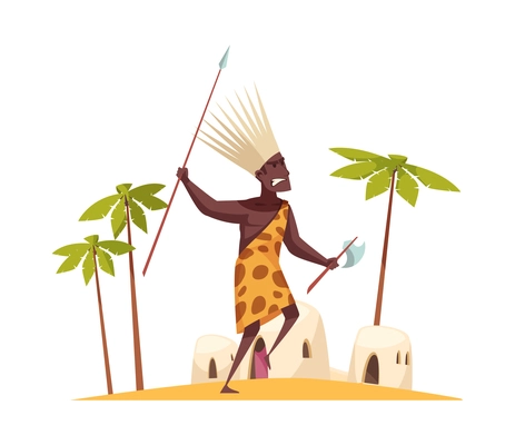 Angry african warrior with spear and axe cartoon flat vector illustration