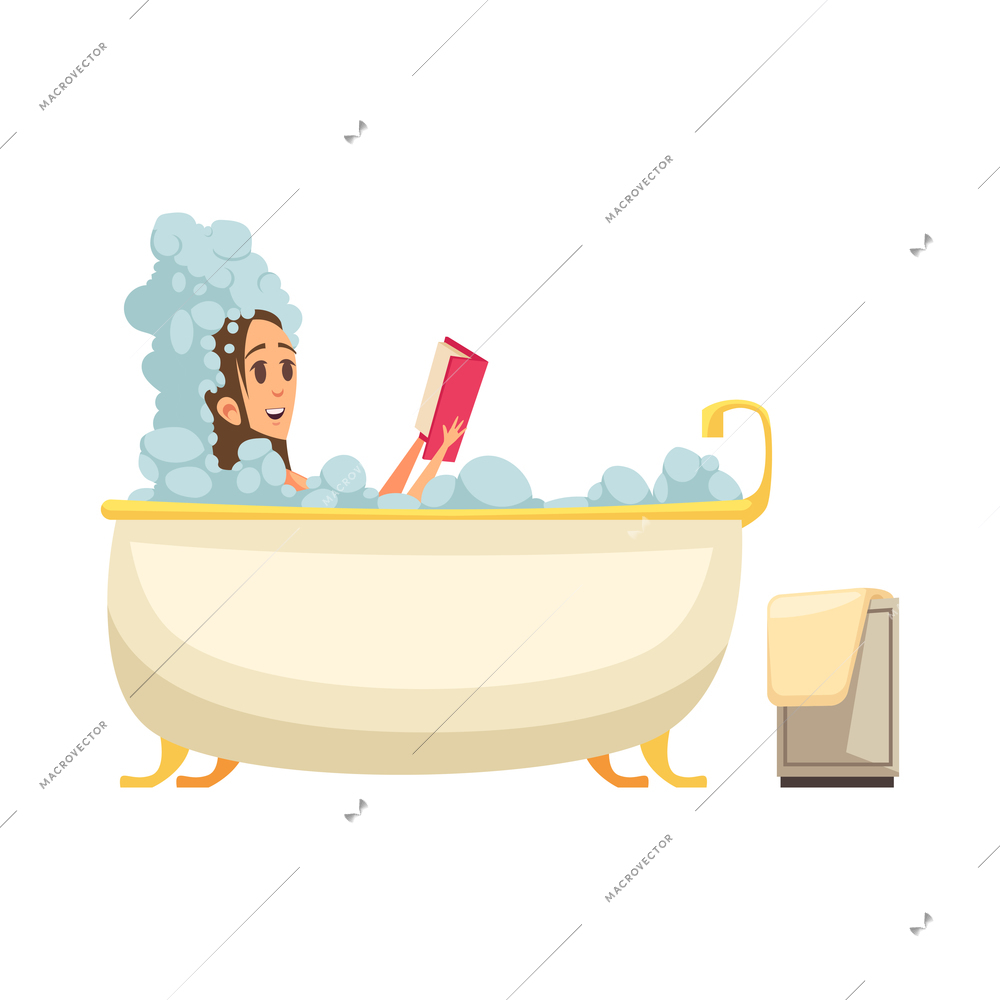 Woman reading book while relaxing in bath with foam flat vector illustration