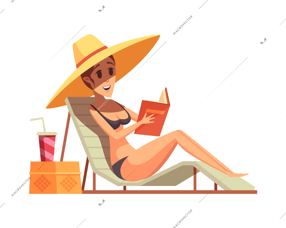 Woman reading book while relaxing on beach lounge flat vector illustration