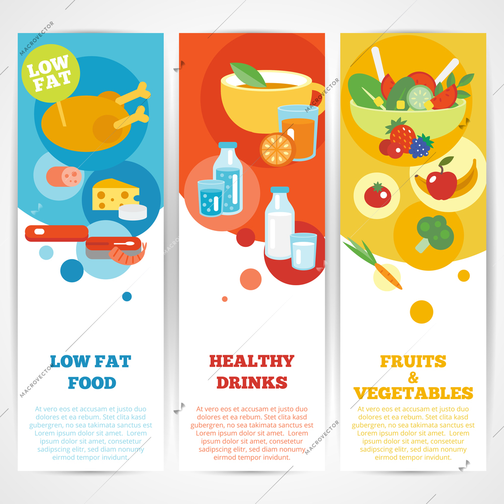 Healthy eating vertical banner set with fruits and vegetables drinks low fat food isolated vector illustration