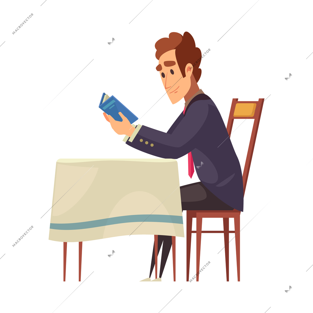 Flat man in suit reading book at table in cafe vector illustration