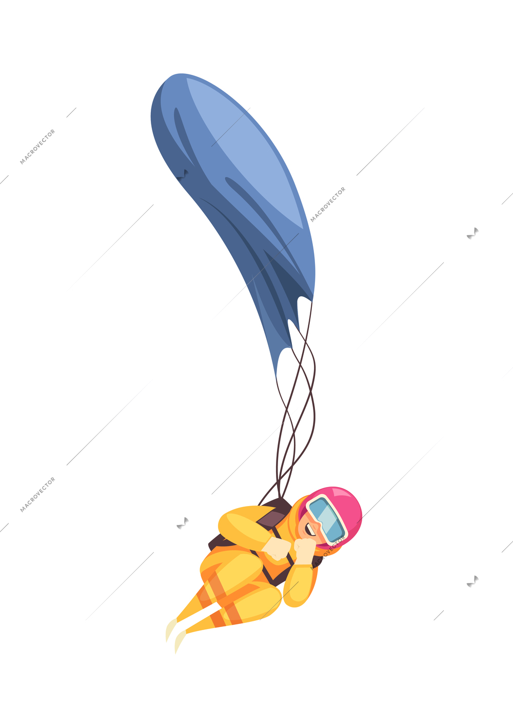 Happy person skydiving with parachute flat vector illustration