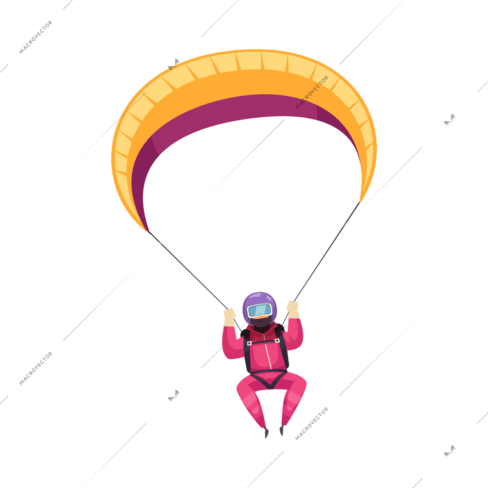 Happy skydiver with parachute in sky flat vector illustration