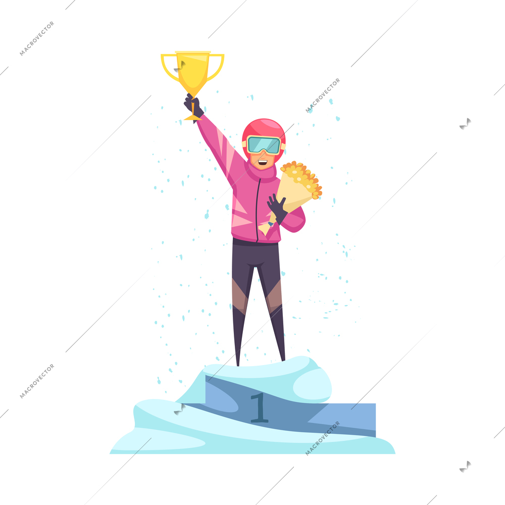 Winter sports cartoon concept with happy champion holding cup and flowers vector illustration