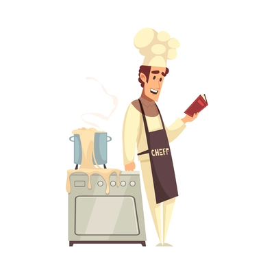 Happy chef reading in kitchen flat vector illustration