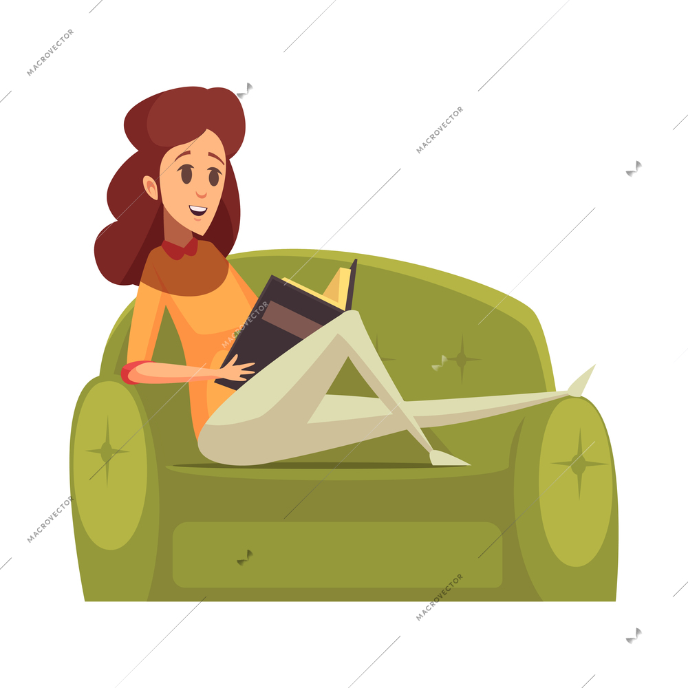 Woman reading book on sofa at home flat vector illustration