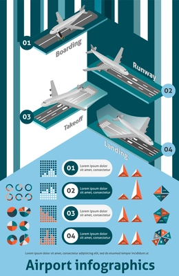 Airport infographic set with isometric boarding runway takeoff landing elements and charts vector illustration