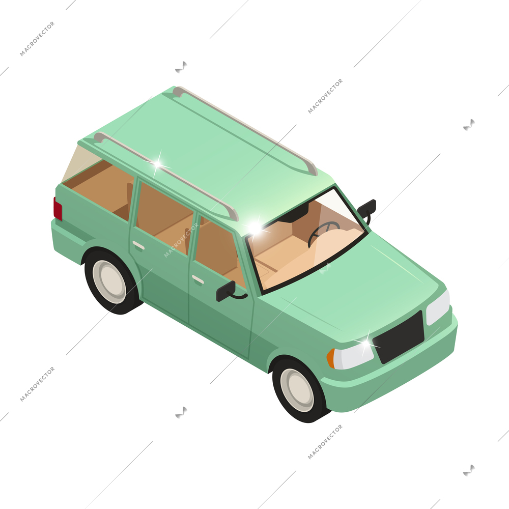 Car dealership isometric icon with new automobile on white background 3d vector illustration