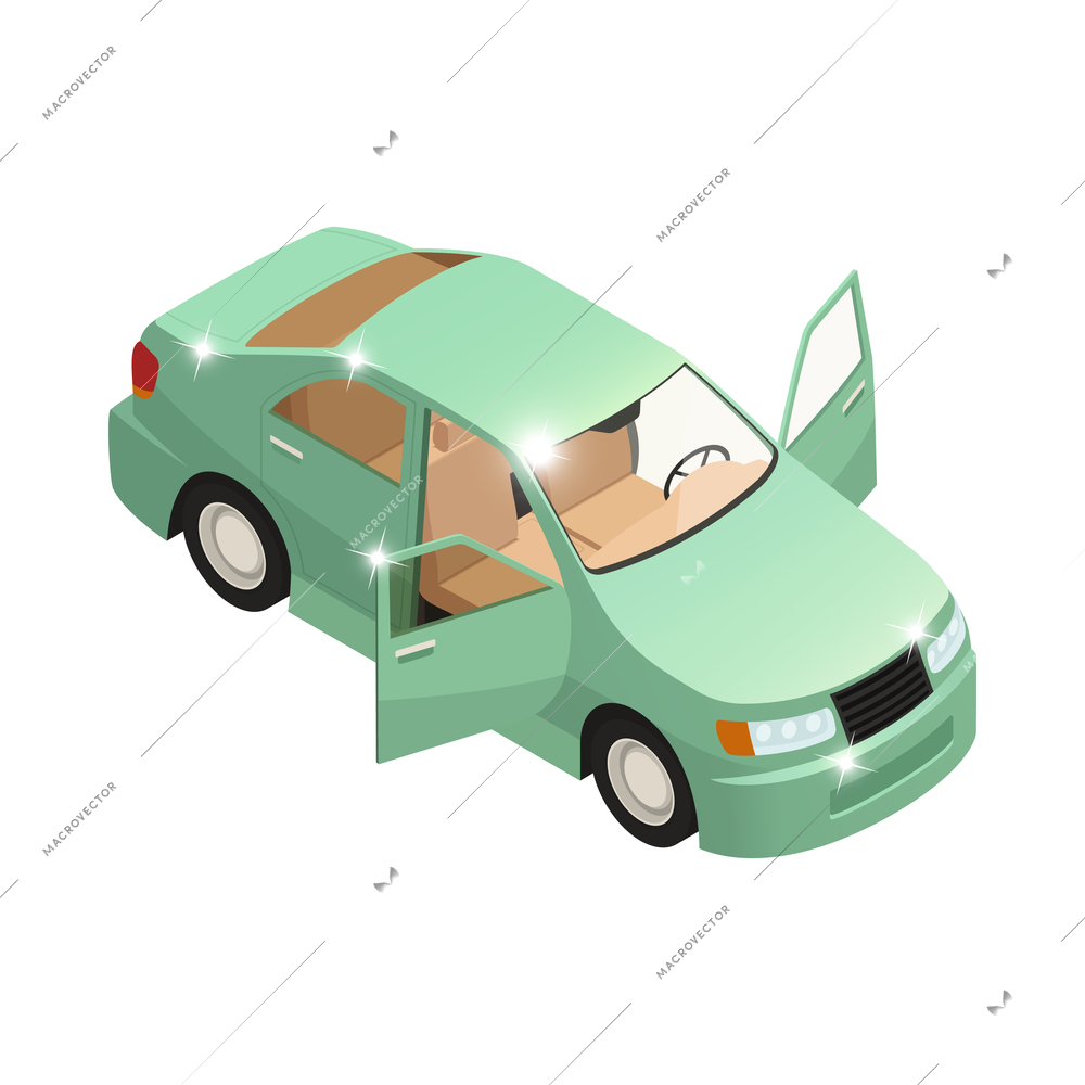 Car dealership auto salon isometric icon with new shiny automobile 3d vector illustration