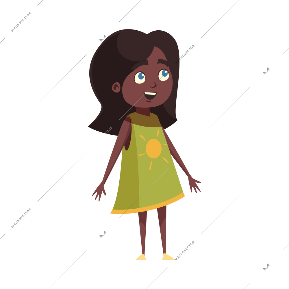 Happy african girl in green dress cartoon vector illustration