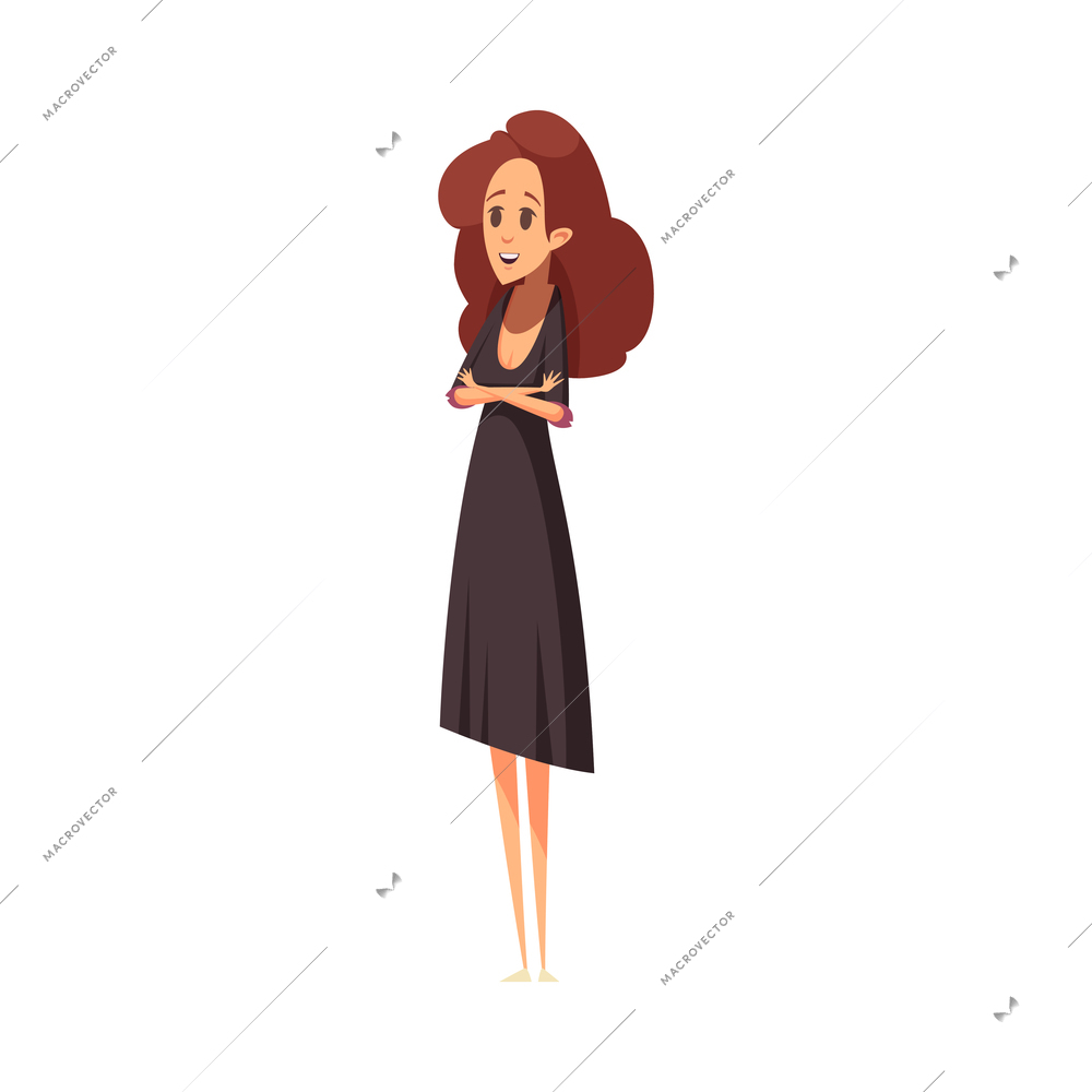 Smiling female school teacher in black dress cartoon vector illustration
